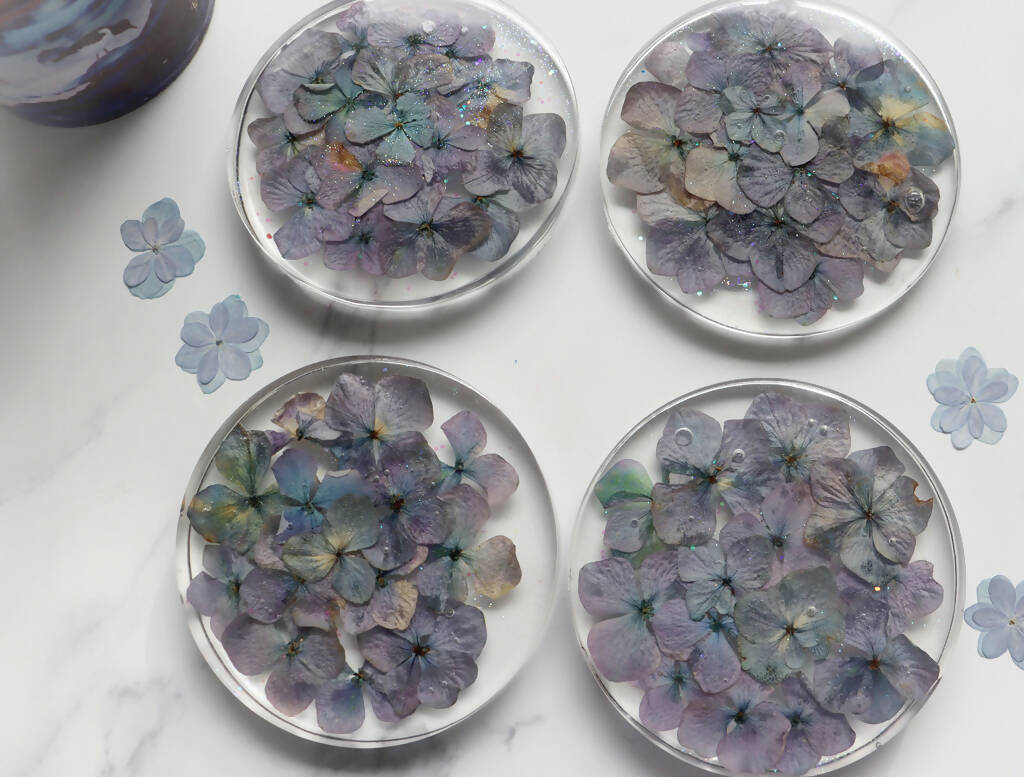 Made to order HANDMADE 4 resin coasters made with real Hydrangea flowers,blue - 2