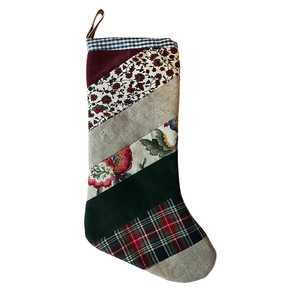 Handmade patchwork and velvet Christmas stocking